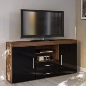 Amerax TV Sideboard In Walnut And Black High Gloss With 2 Doors