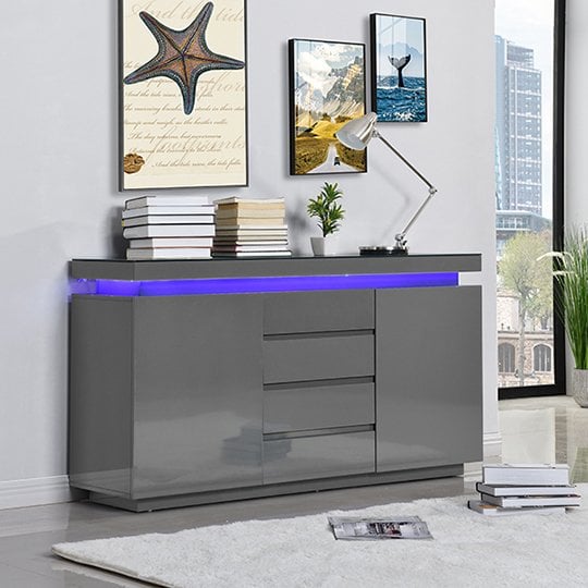 Odessa Grey High Gloss Sideboard With 2 Door 4 Drawer And LED