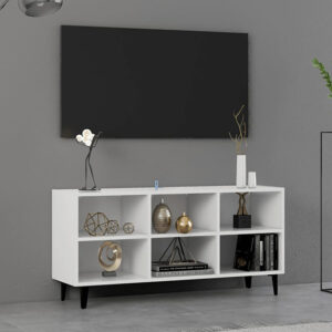 Usra Wooden TV Stand In White With Black Metal Legs