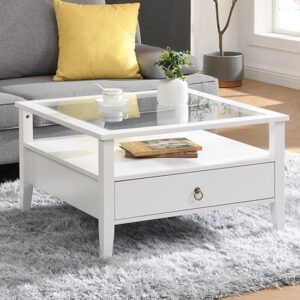 Stanley Square Glass Coffee Table With 2 Drawers In White